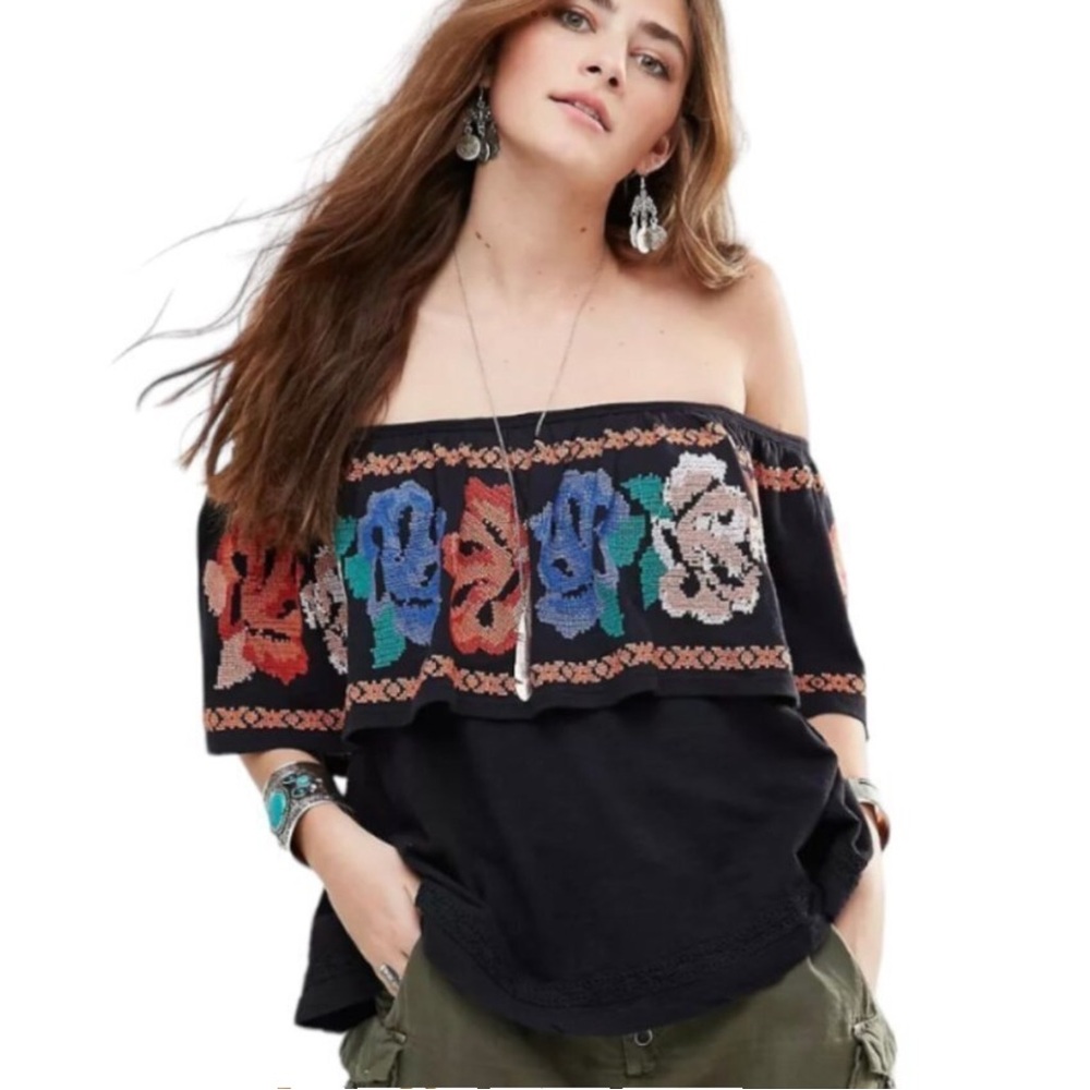 Free People , To The Left Off Shoulder Floral Embroidered Top Black Size M…